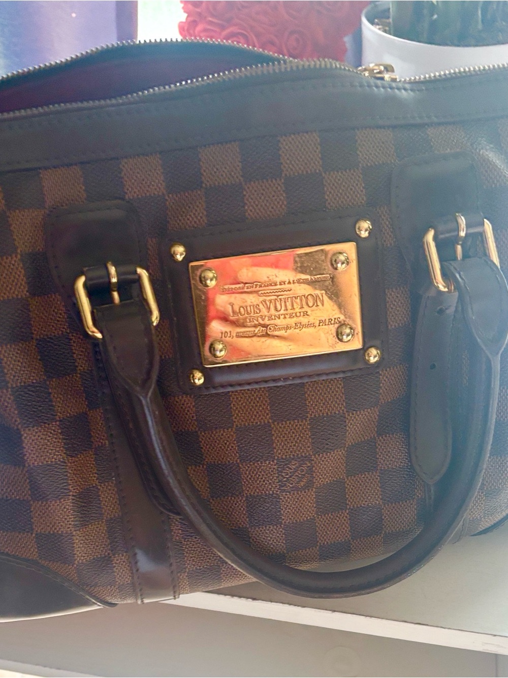 Louis Vuitton Brown Damier Ebene Canvas Satchel with Gold Plate
